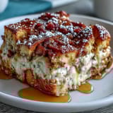 Slices of Monte Cristo Breakfast Casserole on a plate, revealing layers of ham, turkey, and Swiss cheese beside a syrup pitcher.