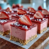 No-Bake Strawberry Fudge Squares garnished with fresh strawberry slices and a sweet glaze.