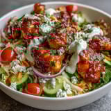 A spoon drizzles creamy ranch dressing over spicy buffalo chicken and crunchy vegetables, ready for a quick and easy weeknight dinner.