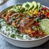 A bowl of Cajun Chicken Bowl with spicy chicken, fluffy rice, black beans, corn, and peppers, topped with avocado and cilantro.