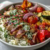 A close-up of Lemon Herb Roasted Chicken Bowl with zesty lemon dressing drizzled over tender meat and bright bell peppers.