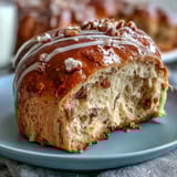 Soft, spiced hot cross buns topped with a vibrant citrus glaze and studded with dried fruit.