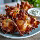 Crispy dandelion fritters with golden batter, served with a vibrant herb dipping sauce for a delightful appetizer.  