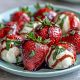Creamy mozzarella, strawberries, and basil drizzled with balsamic glaze.