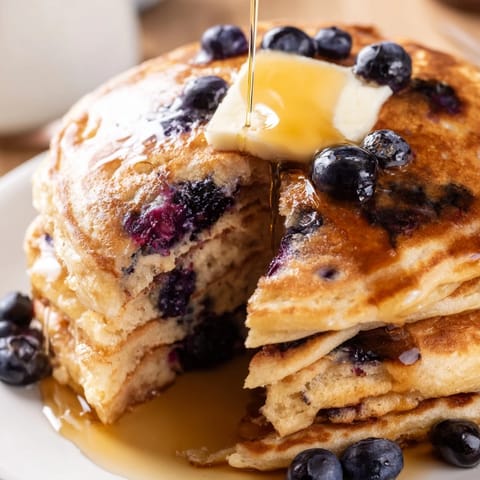 Golden-brown blueberry pancakes piled high on a white plate, ready for a classic American breakfast.