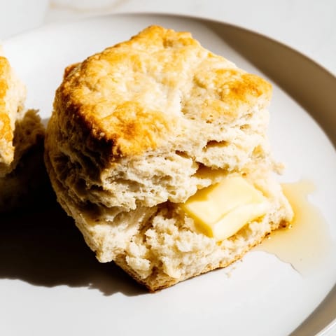 Freshly baked Buttermilk Biscuits rise tall and golden on a rustic wooden board next to a pat of butter.