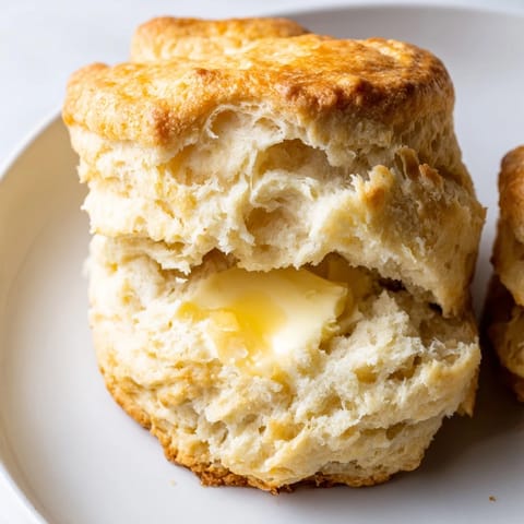 Tall, flaky Buttermilk Biscuits sit split open on a plate with a side of honey and a spoon.
