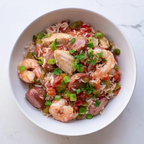 Steam rises from a large Dutch oven filled with Jambalaya, featuring tender chicken, smoky sausage, and pink shrimp.