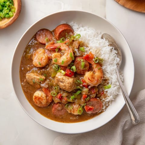 A close-up of rich dark roux Gumbo topped with scallions, parsley, and shrimp beside crusty bread.