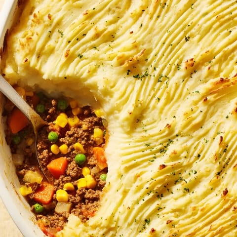 A hearty serving of Shepherd's Pie on a plate, revealing layers of tender ground meat, peas, corn, and fluffy potatoes.