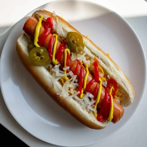 Soft hot dog buns filled with warm sausages, generously dressed with yellow mustard, ketchup, sweet relish, and fresh chopped onions.