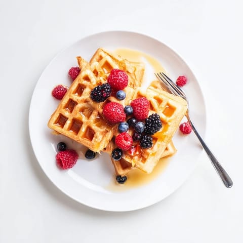 Steaming homemade waffles stacked high, served with melted butter and a drizzle of maple syrup.