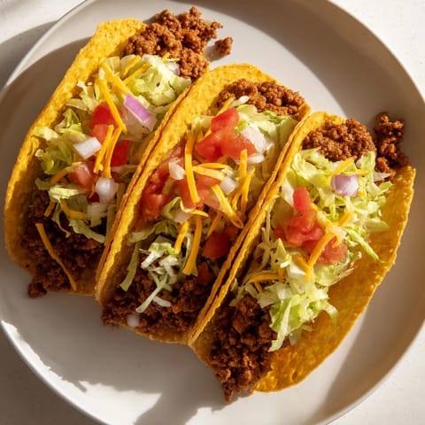 Freshly assembled American-Style Tacos filled with ground beef, lettuce, cheddar, and salsa on a table.