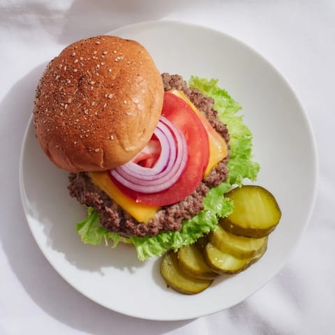 A close-up of a juicy Hamburgers patty with grilled marks, nestled in a soft toasted bun with onions.