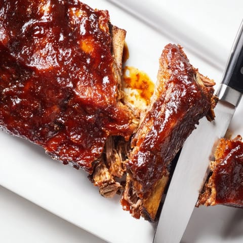 Sticky, fall-off-the-bone BBQ Ribs fresh off the grill with charred edges and a glossy, caramelized glaze.