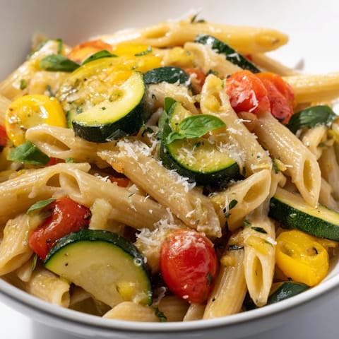 Steaming Garden Veggie Pasta garnished with torn basil and Parmesan, served in a ceramic bowl.