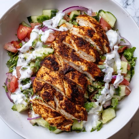 A close-up view of the vibrant Chicken Shawarma Salad, highlighting charred spiced chicken atop colorful vegetables and herbs, perfect for a healthy Mediterranean-inspired meal.