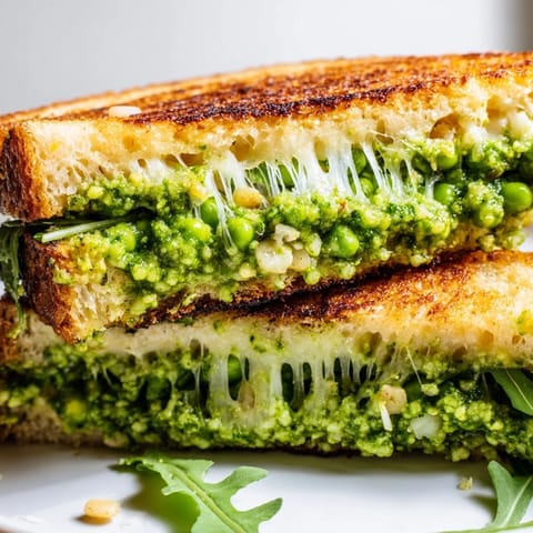 A close-up of the vegetarian Spring Pea Pesto Grilled Cheese reveals vibrant green pesto and gooey cheese.