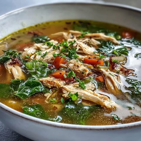 Golden turmeric chicken soup photo, aromatic with lemon and fresh herbs.