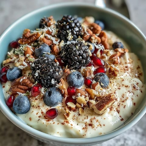 Creamy yogurt bowl topped with vibrant winter berries and fragrant spiced crunch.
