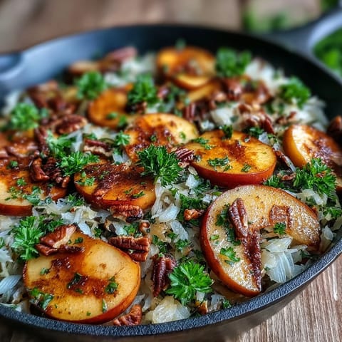 Warm apple and sauerkraut skillet salad with caramelized apples and fresh parsley.