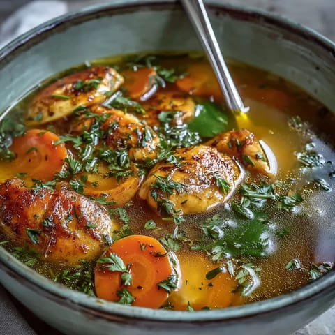Nourishing turmeric chicken soup with vibrant vegetables, perfect for a cozy meal.