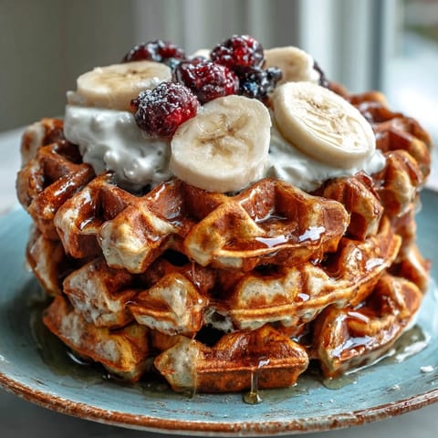 Golden Anti-Inflammatory Turmeric Waffles stacked high, ready for fresh berry toppings.