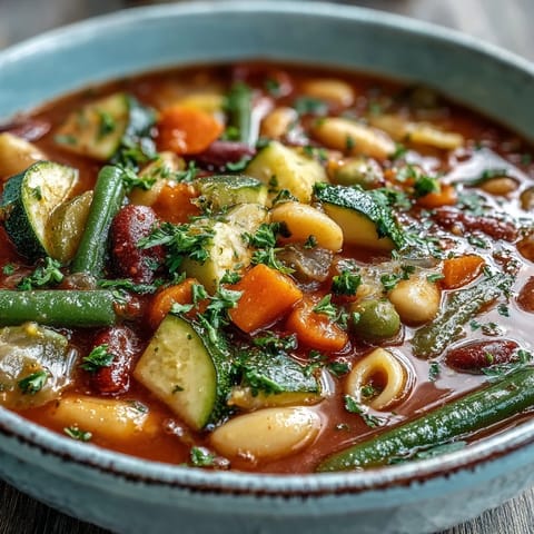 Homemade Minestrone Soup served hot with crusty bread for dipping.