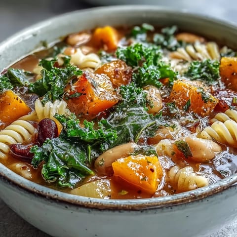 Spoonful of hearty Winter Minestrone Soup With Butternut Squash and Kale featuring colorful vegetables and beans in tomato broth.