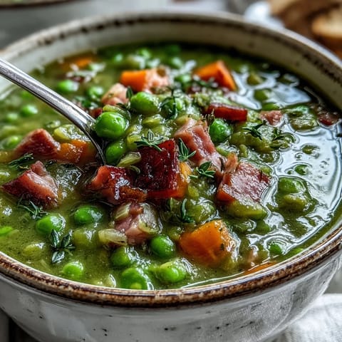Creamy Split Pea and Ham Soup garnished with fresh thyme and a side of crusty bread.