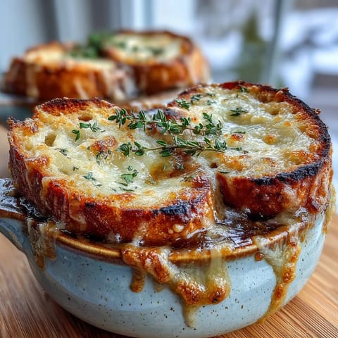 Close-up on a ladle of steaming Dutch Oven French Onion Soup with thyme garnish, showing melty, browned cheese over toasted bread and savory broth.