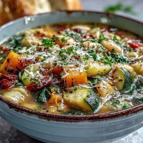 Steaming bowl of Winter Minestrone Soup with kale and butternut squash, ready to serve with crusty bread.