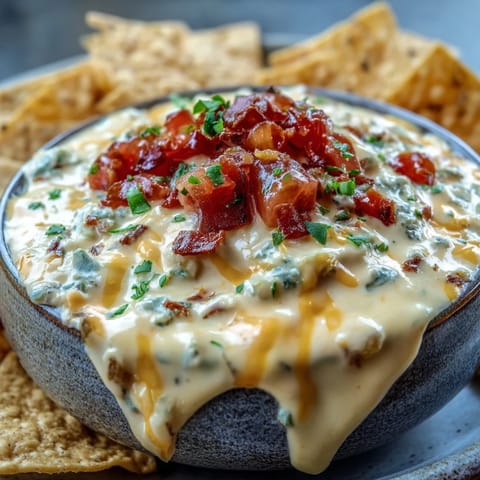 Creamy Queso Dip topped with cilantro and green onions, served warm in a bowl with tortilla chips for dipping.