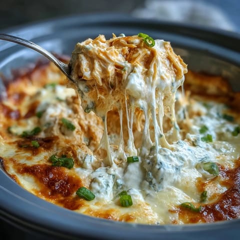 Creamy Crock Pot Buffalo Chicken Dip bubbling in a slow cooker, topped with melted cheese and scallions.