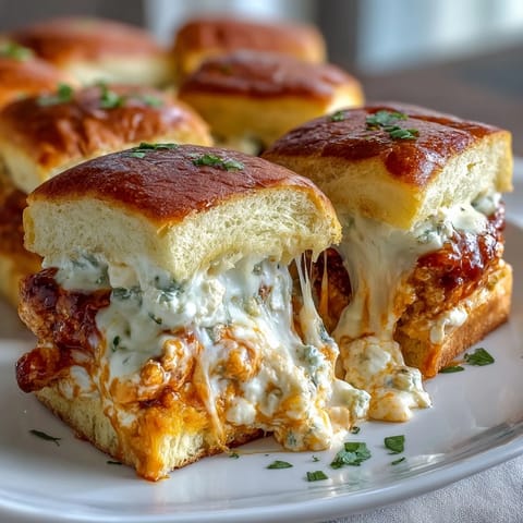 Golden-brown Pizza Dip Sliders on a wooden board, filled with creamy Buffalo chicken dip and garnished with parsley.