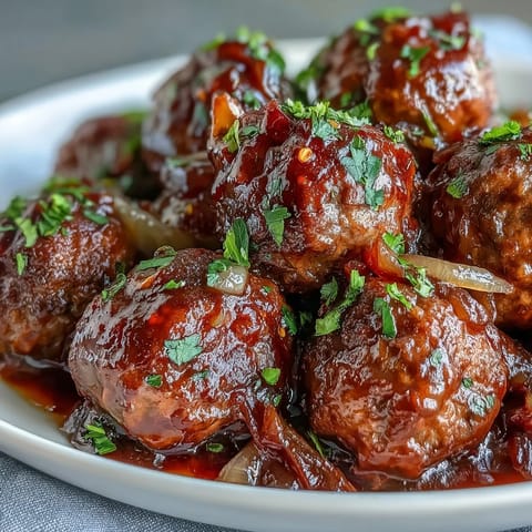 Spiced Slow Cooker Peach Glazed Meatballs simmered in a sweet and tangy sauce, perfect for scooping at a party buffet.