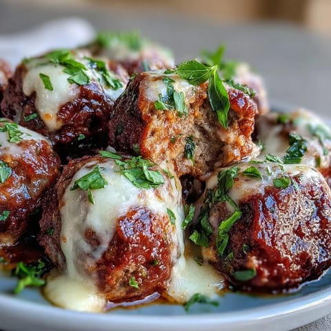 Freshly baked, golden-brown Cheesy Garlicky Meatballs With Marinara resting in a skillet with a ladle of red sauce.