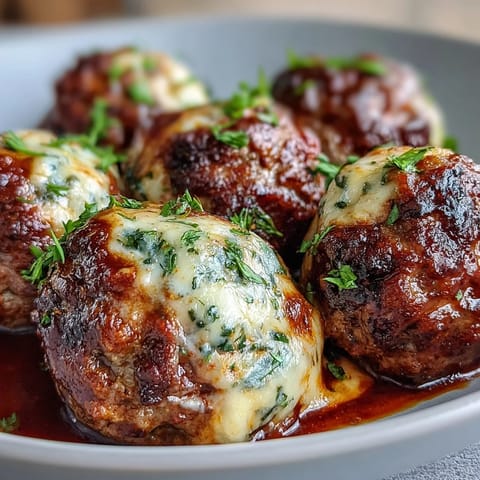 A close-up of Cheesy Garlicky Meatballs With Marinara topped with melted cheese and fresh basil on a wooden table.