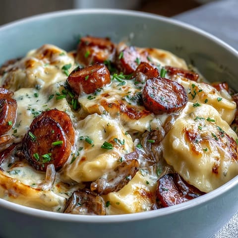 Creamy Crockpot Pierogi Casserole with Kielbasa served in a bowl next to a green salad.