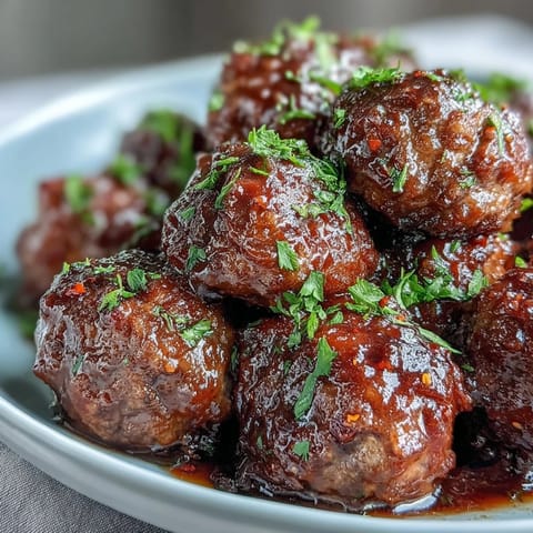 Savory Easy Sweet and Sour Crock Pot Meatballs served on a platter, garnished with fresh parsley for a party appetizer.
