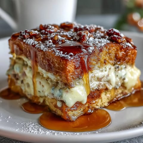 Golden-brown Monte Cristo Breakfast Casserole fresh from the oven, dusted with powdered sugar and ready to drizzle with maple syrup.