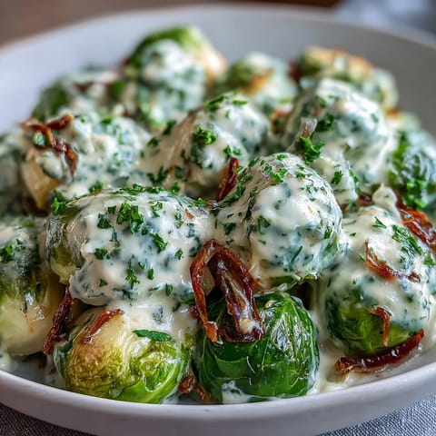 Tender Brussels sprouts coated in creamy Brussels Sprouts in Cream Cheese-Mustard Sauce, garnished with fresh parsley.