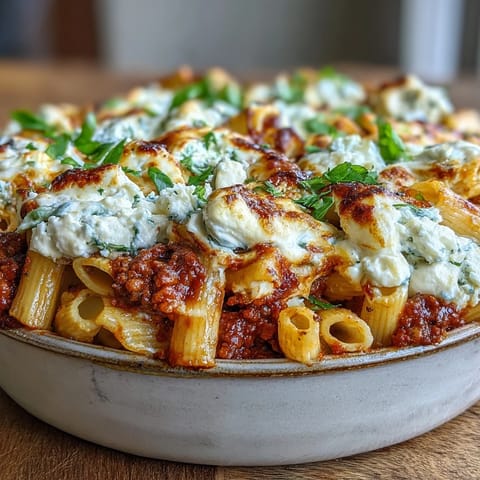 A hearty serving of Cottage Cheese Protein Pasta Bake, featuring al dente penne coated in rich tomato beef sauce.