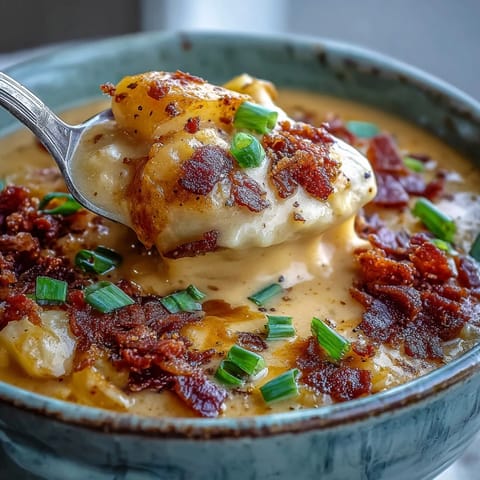 Creamy Loaded Potato Soup topped with crispy bacon, shredded cheddar, and fresh green onions in a rustic bowl.