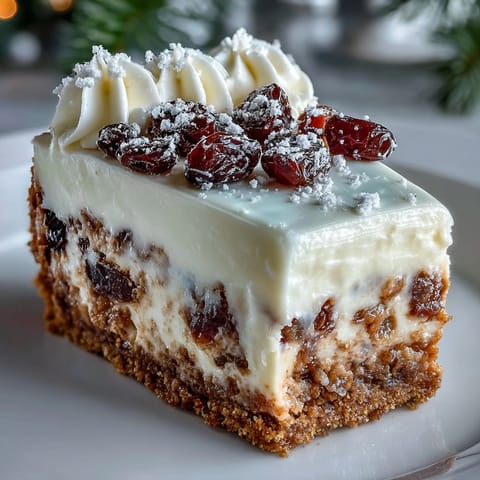 Christmas Cheesecake Slab squares topped with whipped cream and a dusting of powdered sugar on a rustic wooden table.
