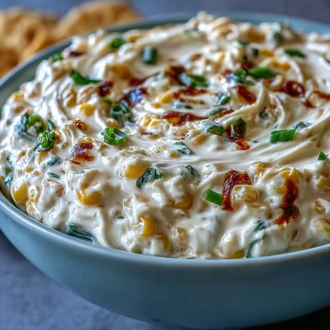 Freshly baked Crack Corn Dip in a white bowl, with bubbling cheddar and golden edges, ready to scoop with tortilla chips.