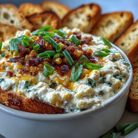 Creamy Crack Corn Dip served warm, featuring sweet corn kernels and chopped green onions alongside a pile of tortilla chips.