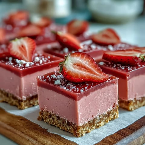 Freshly cut No-Bake Strawberry Fudge Squares on a chilled plate with vibrant pink layers.