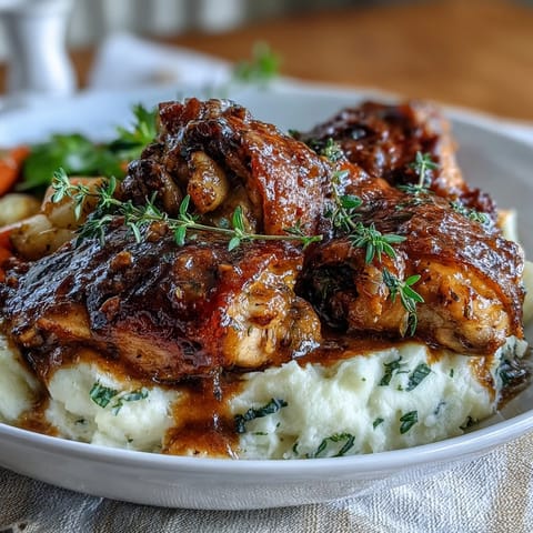 Four boneless chicken breasts simmered in a rich, garlicky honey mustard sauce, ideal for an easy weeknight dinner with mashed potatoes.