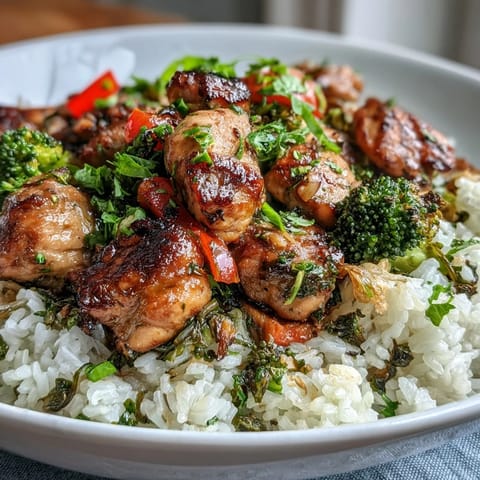 Golden-brown chicken and vibrant broccoli, bell peppers, and carrots top a fluffy bed of white rice in a bright ceramic bowl.